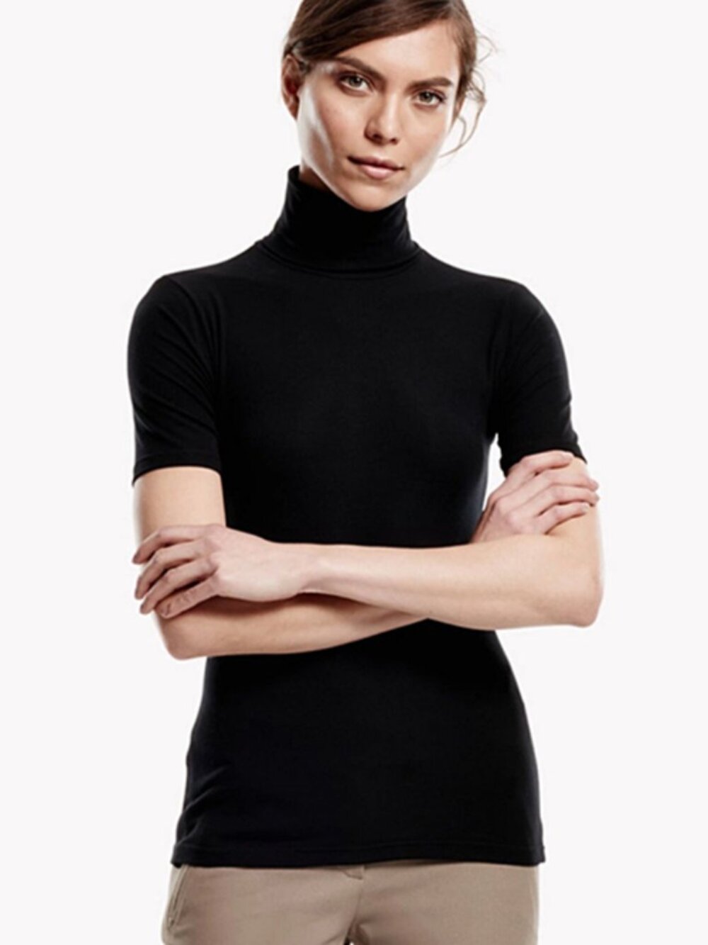 NWT Theory BLACK Naneik Short Sleeve Stretch Jersey Turtleneck Knit Top M